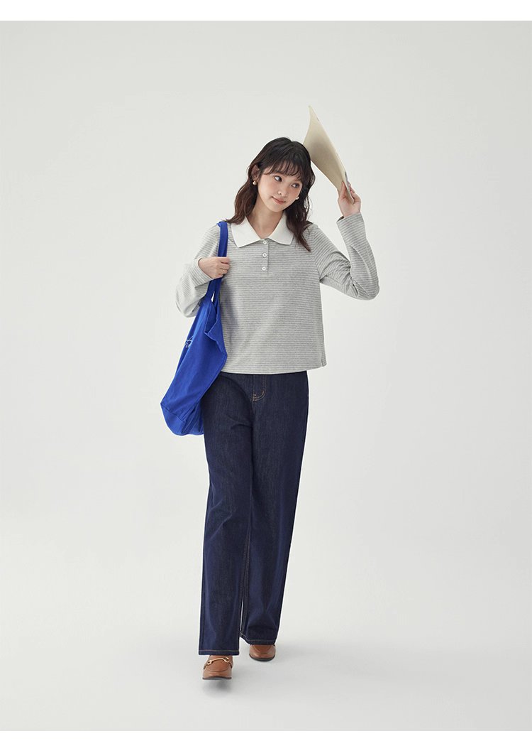 灰色條紋polo半開領t卹女秋季新款寬鬆長袖上衣