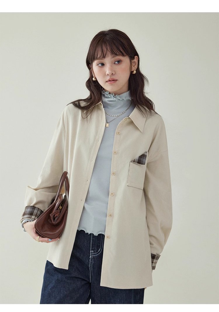 撞色格紋燈芯絨長袖襯衫女秋季新款翻領外套上衣