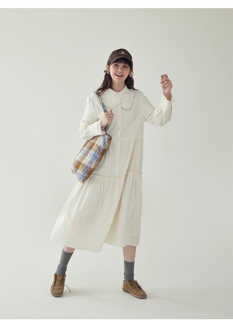 減齡純色花邊翻領洋裝女秋季新款中長娃娃裙