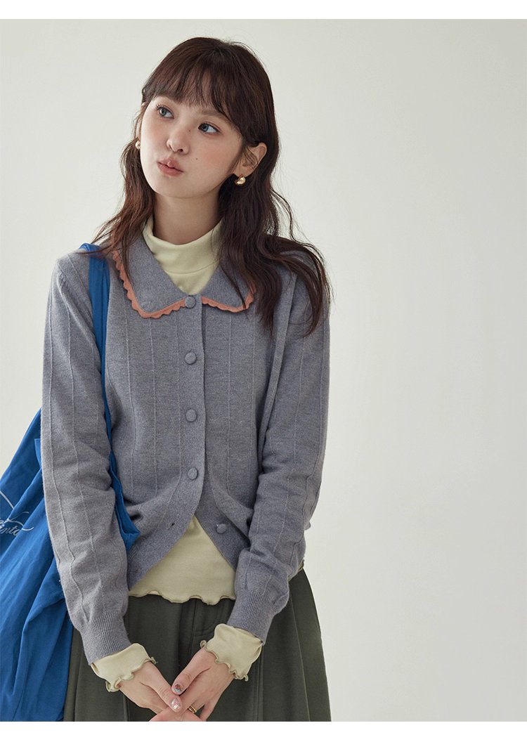 韓系撞色翻領針織開襟衫女秋季新款單排扣長袖上衣