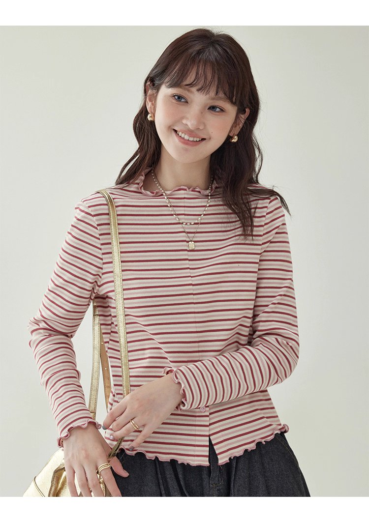 下擺扣條紋兩穿內搭T恤女秋新款花邊長袖上衣