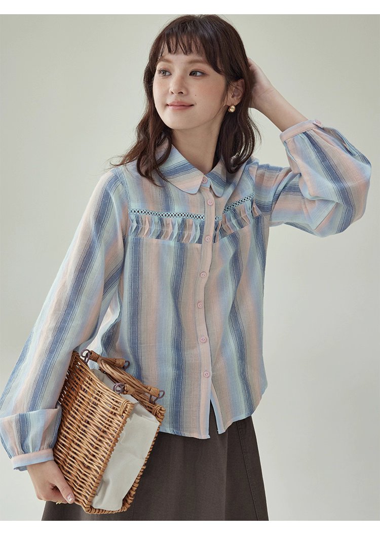 少女感鏤空拼接條紋襯衫女秋季新款純棉長袖上衣