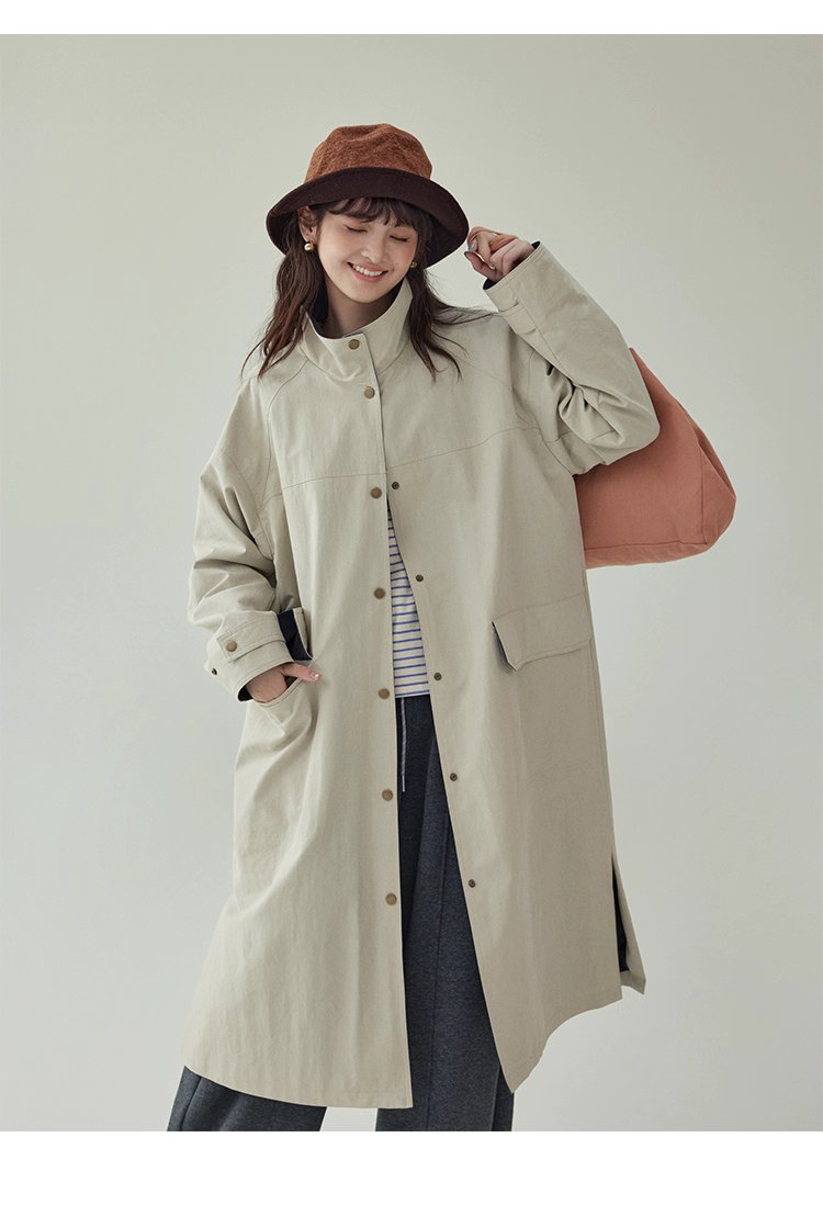 日系純色立領長風衣外套女秋新款寬鬆長袖上衣