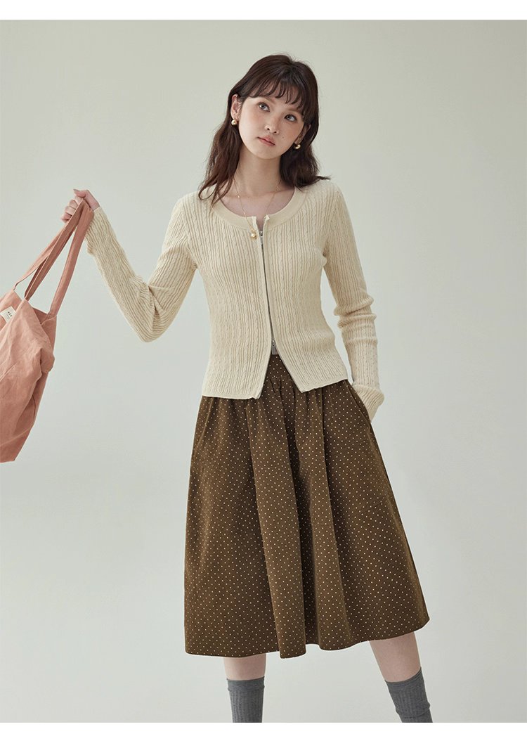 純色麻花雙頭拉鍊針織衫女秋季新款修身純棉上衣