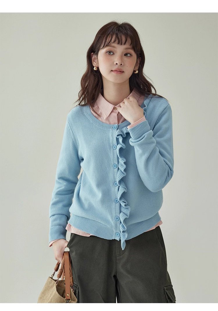 設計感木耳邊連結針織衫女秋季新款純棉長袖上衣,設計感木耳邊連結針織衫女秋季新款純棉長袖上衣,HBEW1096,設計感木耳邊連結針織衫女秋季新款純棉長袖上衣,圓領排扣,全棉面料