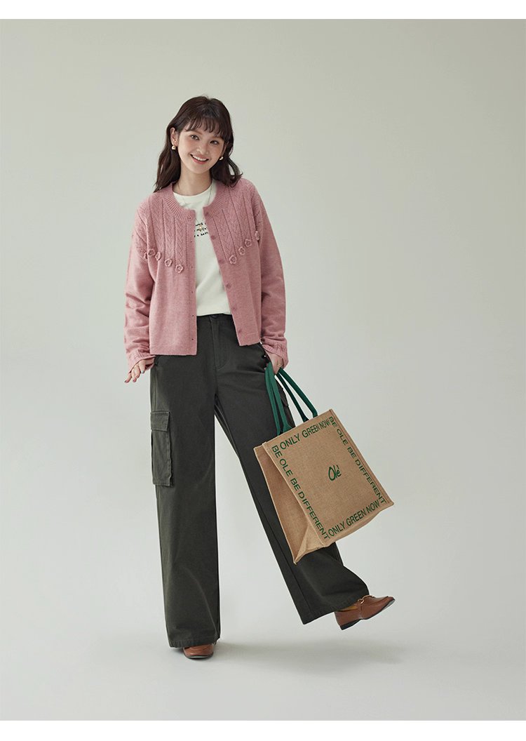 少女感粉紅花朵毛衣開襟女秋季新款寬鬆長袖上衣