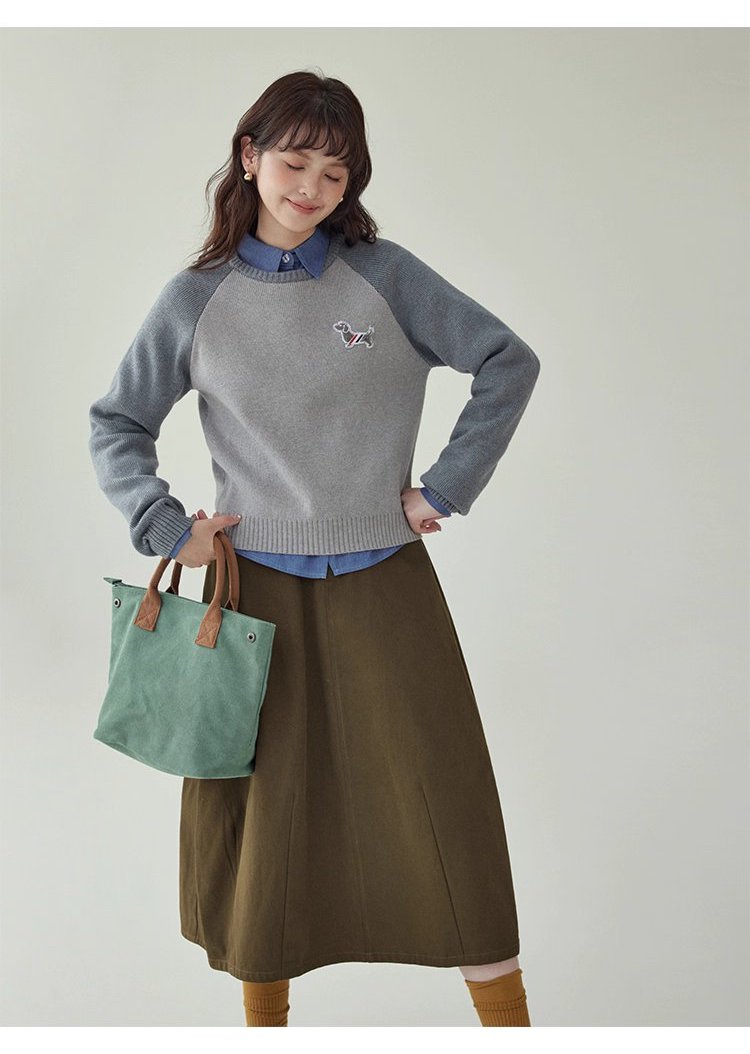 拼色插肩長袖短版針織衫女秋季新款小狗刺繡上衣