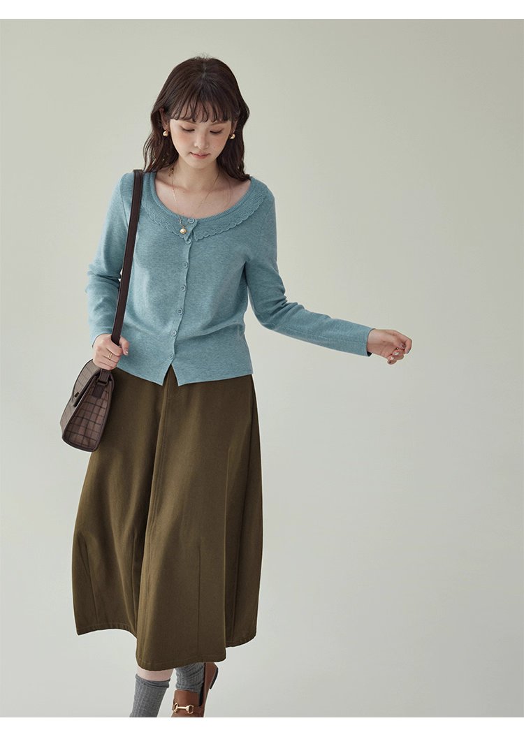 藍色圓領針織衫女秋季絕美短款修身長袖開襟衫上衣