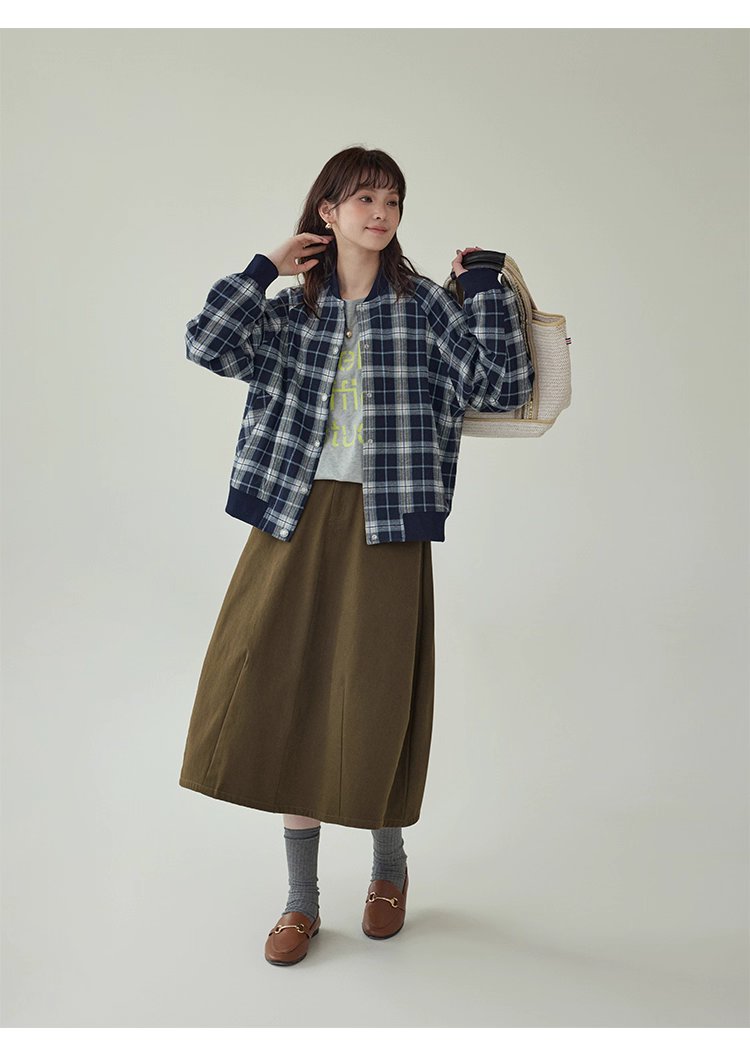 撞色格紋插肩袖摁扣外套女秋季新款長袖外套上衣