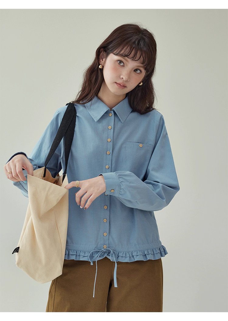 藍色花邊下擺抽繩襯衫女秋季新款單排扣長袖上衣,藍色花邊下擺抽繩襯衫女秋季新款單排扣長袖上衣,HBEW1103,藍色花邊下擺抽繩襯衫女秋季新款單排扣長袖上衣,翻領排扣,天絲混棉