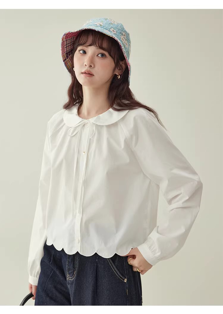 少女感蕾絲娃娃領襯衫女25冬季新款白色長袖上衣,HBEW1142,少女感蕾絲娃娃領襯衫女25冬季新款白色長袖上衣,娃娃領,花瓣衣襬,細節滿分