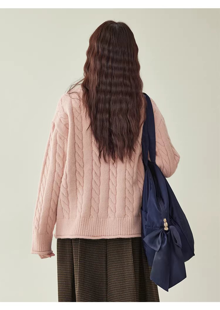 減齡粉紅高領麻花毛衣女25冬季新款捲邊長袖上衣,減齡粉紅高領麻花毛衣女25冬季新款捲邊長袖上衣,HBEW1146,減齡粉紅高領麻花毛衣女25冬季新款捲邊長袖上衣,高領毛衣,麻花針織