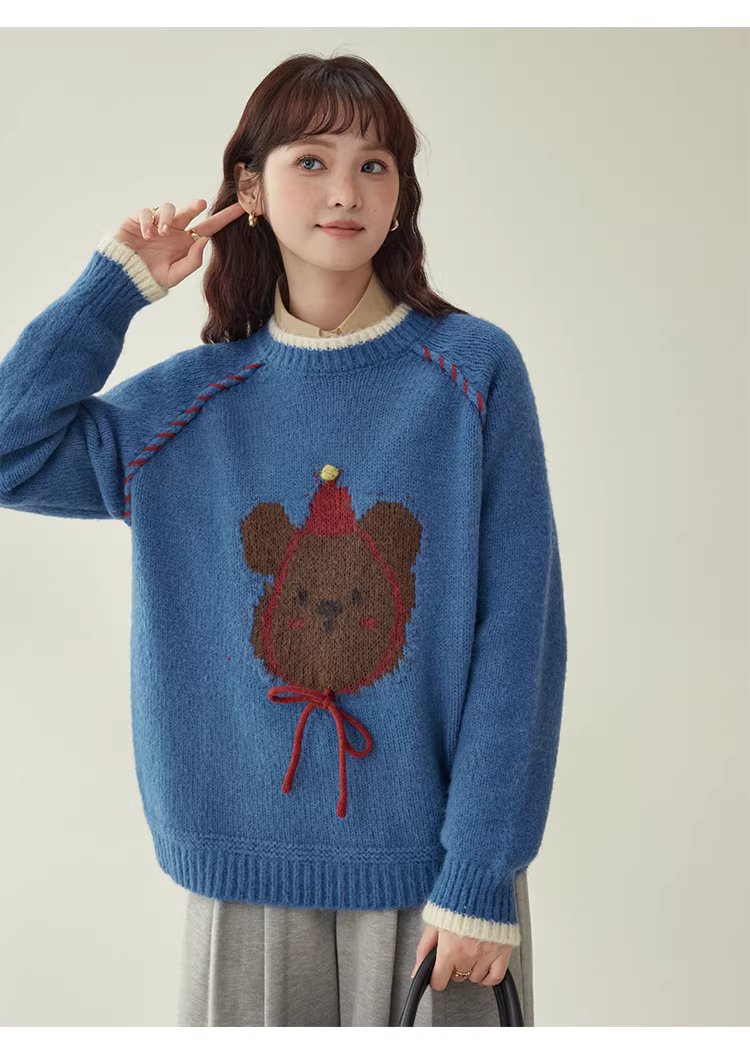 克萊因藍圓領羊毛長袖小熊毛衣女冬新款寬鬆減齡上衣,克萊因藍圓領羊毛長袖小熊毛衣女冬新款寬鬆減齡上衣,HBEW1148,克萊因藍圓領羊毛長袖小熊毛衣女冬新款寬鬆減齡上衣,童趣針織,羊毛混紡