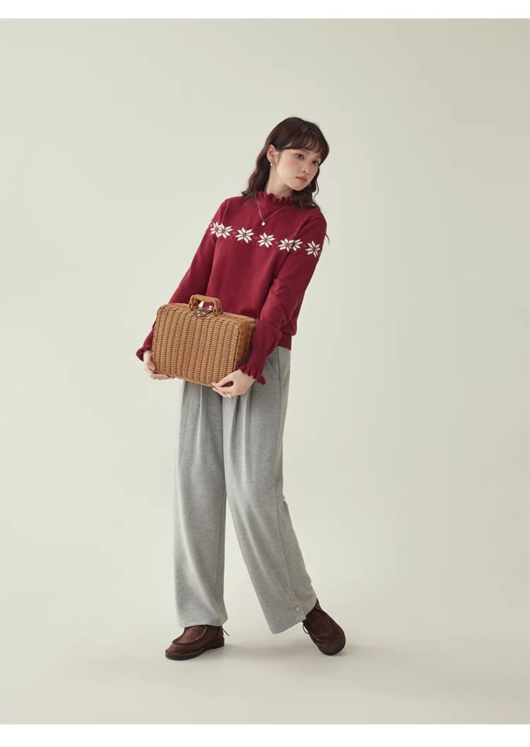 減齡紅色木耳邊雪花針織衫女冬新款內搭長袖上衣,減齡紅色木耳邊雪花針織衫女冬新款內搭長袖上衣,HBEW1152,減齡紅色木耳邊雪花針織衫女冬新款內搭長袖上衣,木耳邊,雪花針織