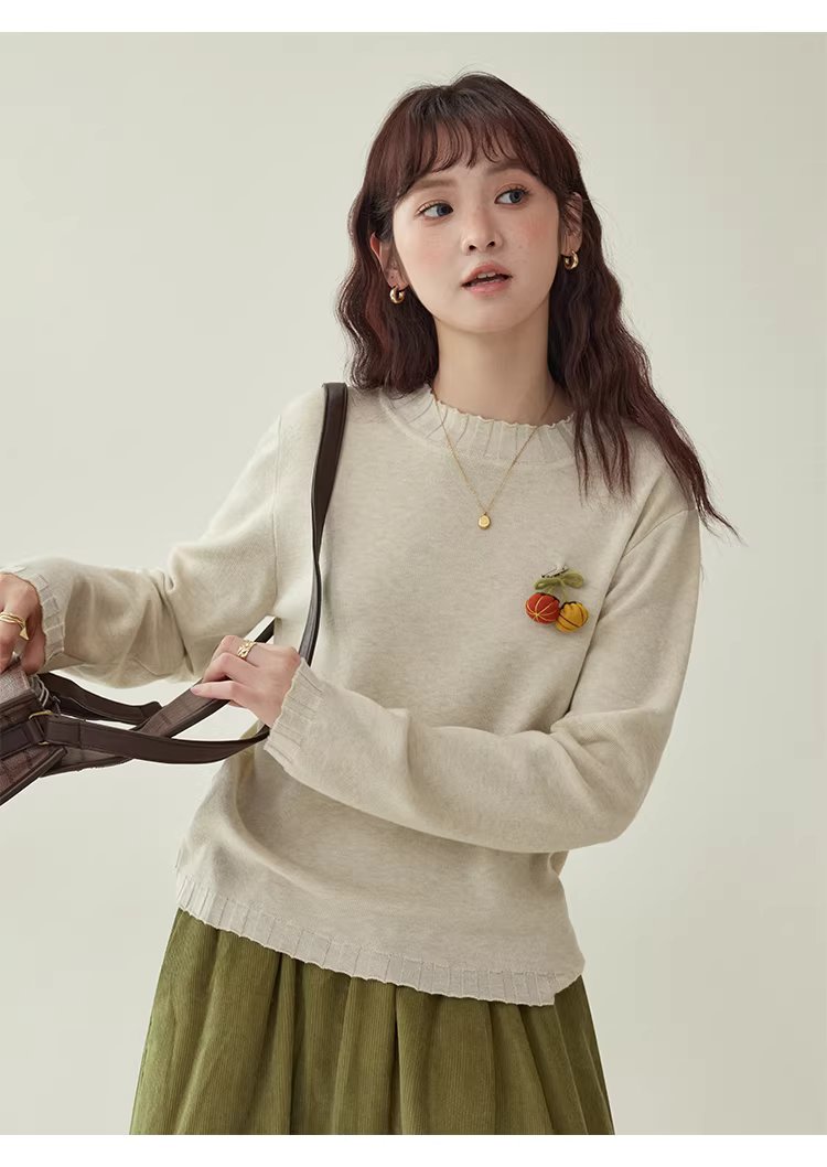 可愛胸針羊毛混紡針織衫女冬季新款慵懶長袖上衣,可愛胸針羊毛混紡針織衫女冬季新款慵懶長袖上衣,HBEW1154,可愛胸針羊毛混紡針織衫女冬季新款慵懶長袖上衣,童趣胸針,羊毛混紡