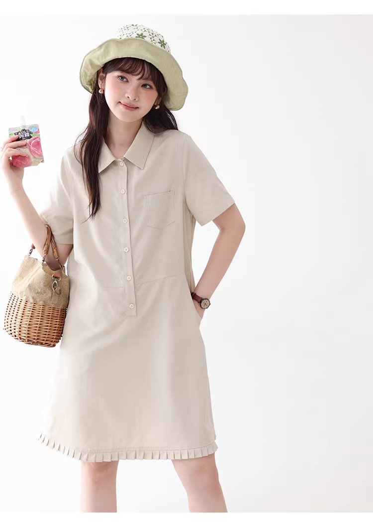 日系polo領花邊洋裝女26夏季新款a字襯衫短裙,日系polo領花邊洋裝女26夏季新款a字襯衫短裙,HBFS7018,日系polo領花邊洋裝女26夏季新款a字襯衫短裙,翻領排扣,天絲混棉