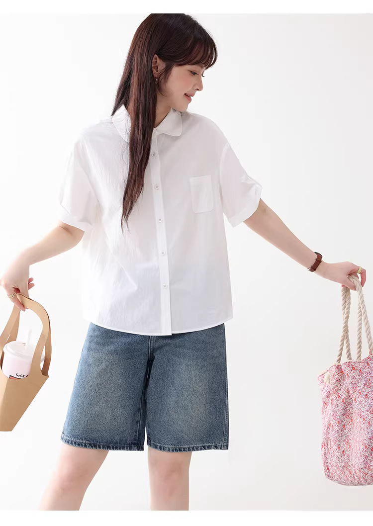 日系白色純棉短袖襯衫女夏季新款基本款寬鬆上衣,日系白色純棉短袖襯衫女夏季新款基本款寬鬆上衣,HBFS1084,日系白色純棉短袖襯衫女夏季新款基本款寬鬆上衣,日系清新,全棉面料