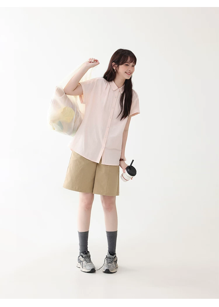 甜美純色小翻領短袖襯衫女夏新款寬鬆單排扣上衣,襯衫,韓系女裝,甜美純色小翻領短袖襯衫女夏新款寬鬆單排扣上衣,HBFS1100,甜美純色小翻領短袖襯衫女夏新款寬鬆單排扣上衣