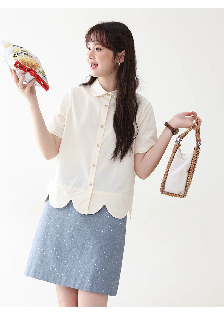 設計感波浪下擺純棉襯衫女夏新款減齡娃娃領上衣,設計感波浪下擺純棉襯衫女夏新款減齡娃娃領上衣,HBFS1112,設計感波浪下擺純棉襯衫女夏新款減齡娃娃領上衣,花邊衣襬,全棉面料