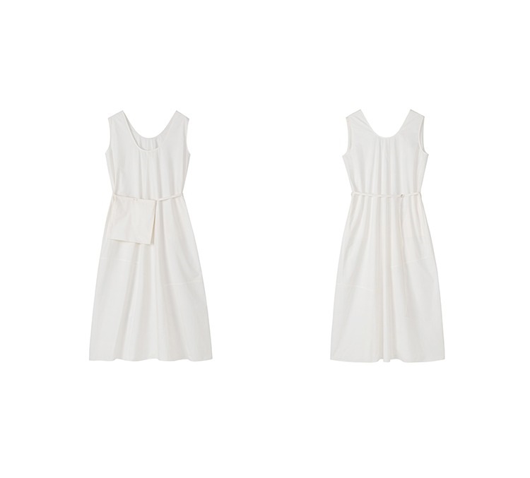 淡奶油細密高支100%棉腰帶包立體分割寬鬆無袖連身裙洋裝