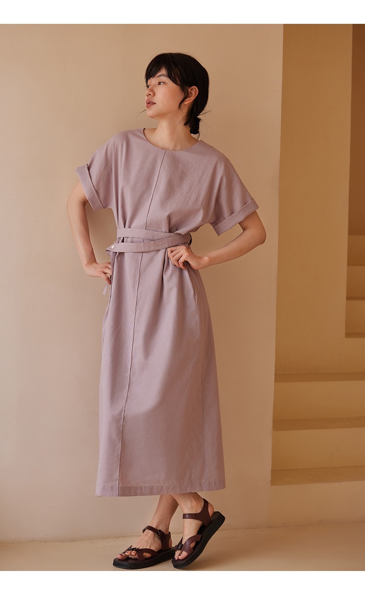 藤霜高光冷紫顯白清冷連身裙清爽挺括亞麻棉寬鬆洋裝