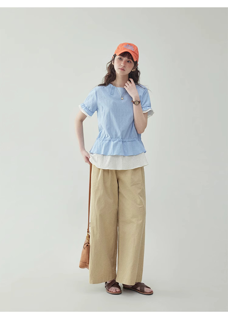 撞色拼接假兩件純棉襯衫女夏季新款寬鬆抽繩上衣