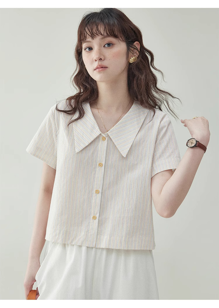 彩色條紋polo領純棉襯衫女夏季新款寬鬆短袖上衣