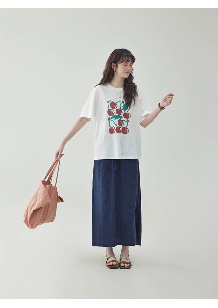 拼色櫻桃印花純棉短袖t卹女夏新款寬鬆百搭上衣