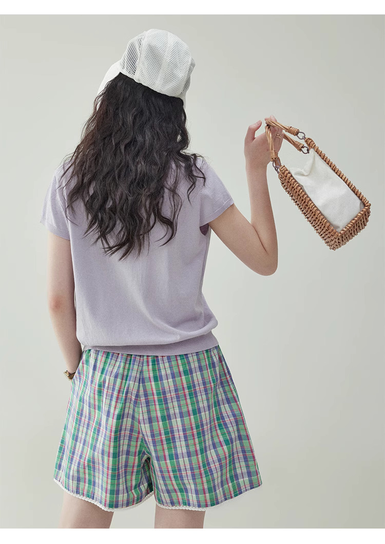 溫柔紫色娃娃v領針織衫女夏季新款短袖扣上衣