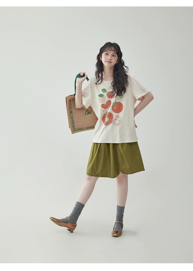 番茄印花圓領純棉短袖T恤女夏季新款少女感上衣