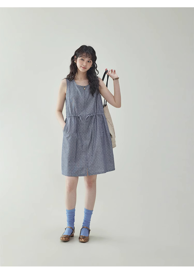 韓系波點無袖拉鍊洋裝女夏季新款抽繩背心短裙