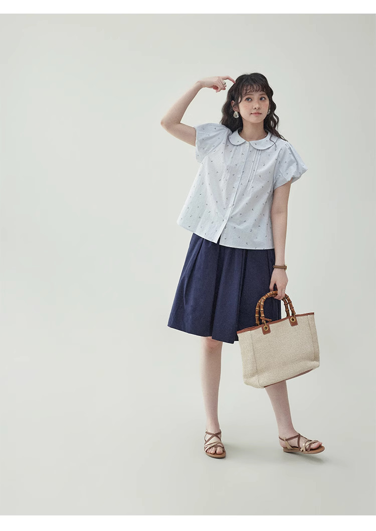 甜美泡泡袖純棉小花襯衫女夏季娃娃領單排扣上衣