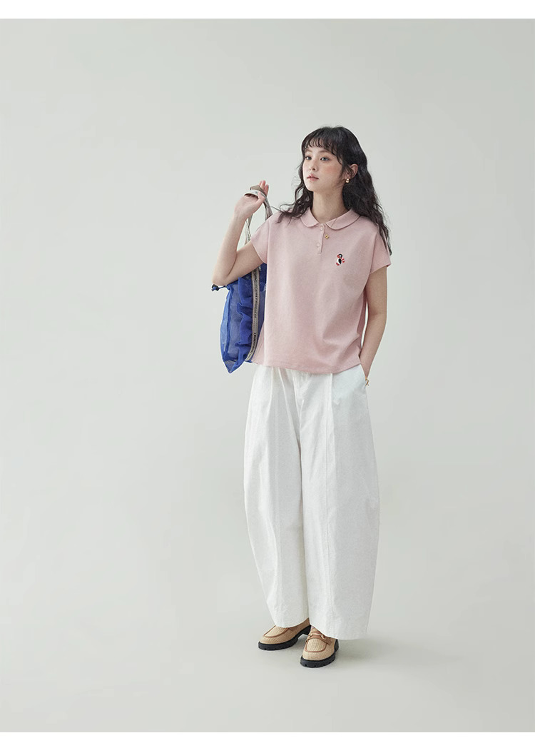 粉紅娃娃領企鵝刺繡T恤女夏季新款減齡短袖上衣