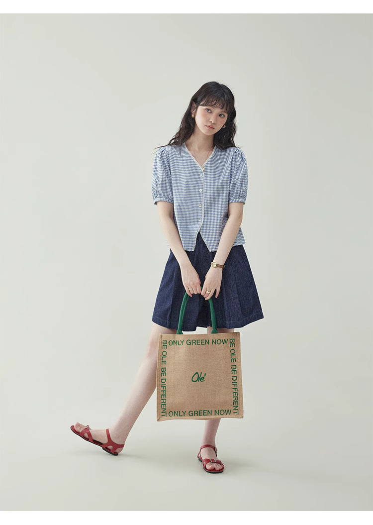 藍格泡泡袖短版純棉襯衫女夏季新款甜美寬鬆上衣