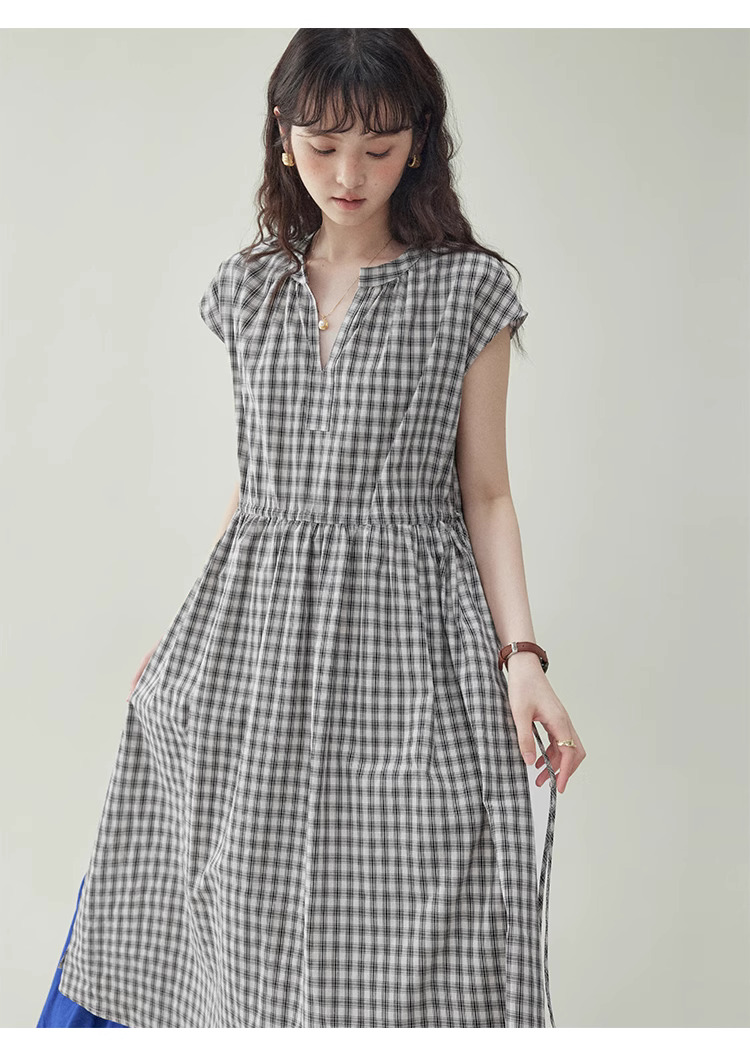 黑格抽繩v領純棉洋裝女夏季新款a字短袖中長裙