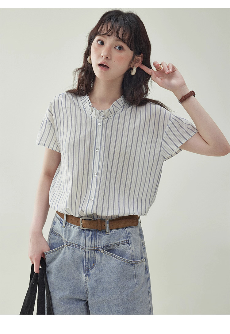 清爽豎紋花邊領短袖襯衫女夏季新款純棉寬鬆上衣