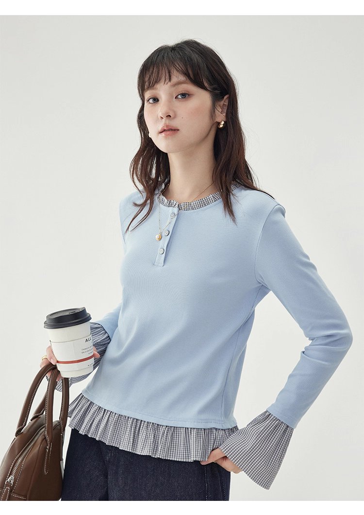 撞色拼接襯衫喇叭袖t卹女秋季新款寬鬆長袖上衣