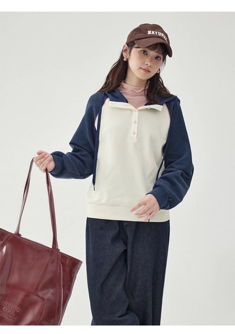 撞色插肩長袖連帽衛衣T恤女25秋季新款減齡上衣