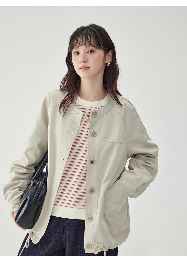 純色單排扣抽繩下擺外套女秋季新款圓領長袖上衣