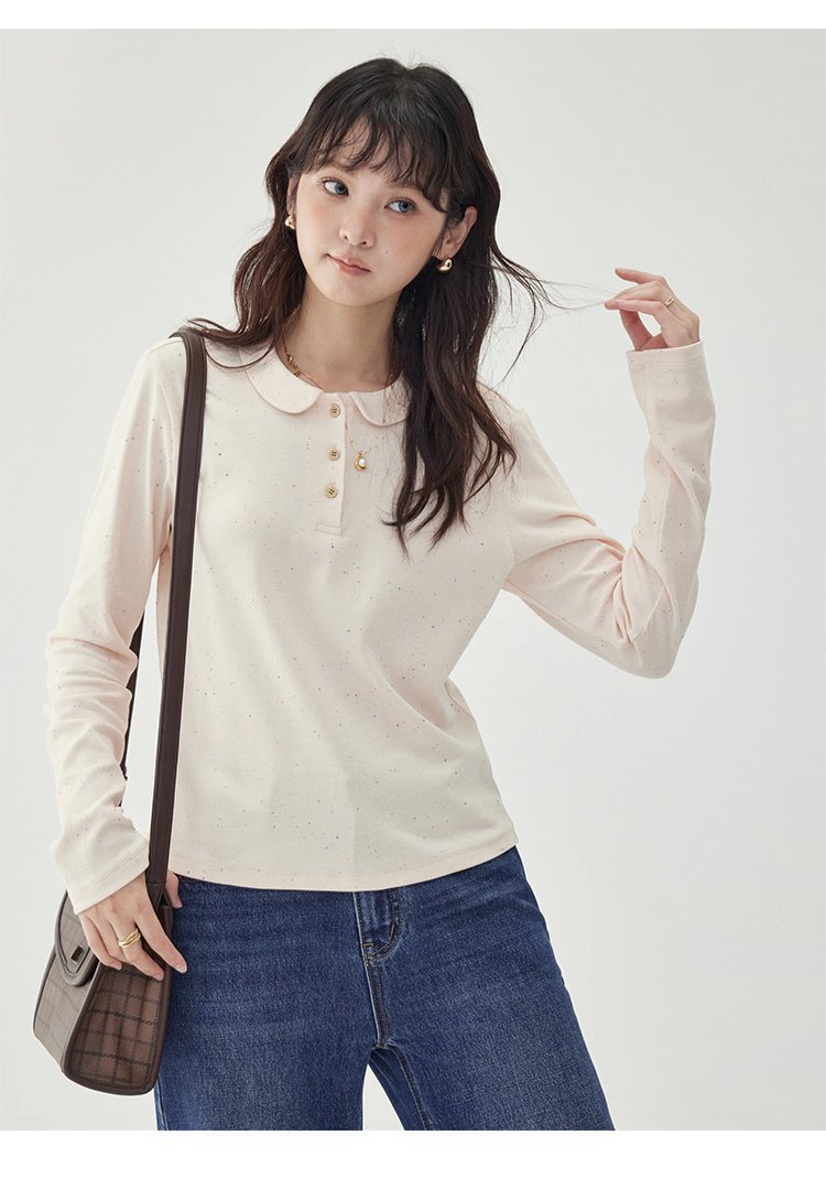 彩點小翻領長袖T恤女秋季新款時尚百搭上衣