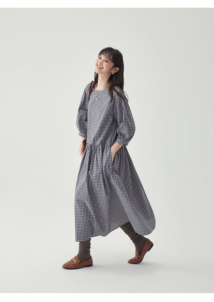 日系格紋燈籠袖洋裝女秋季新款寬鬆純棉a字裙