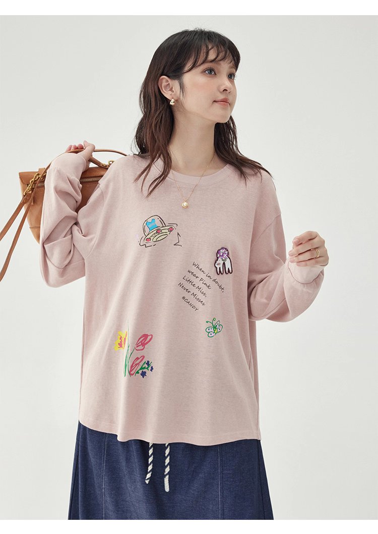 減齡印花落肩長袖粉紅T恤女秋新款寬鬆百搭上衣
