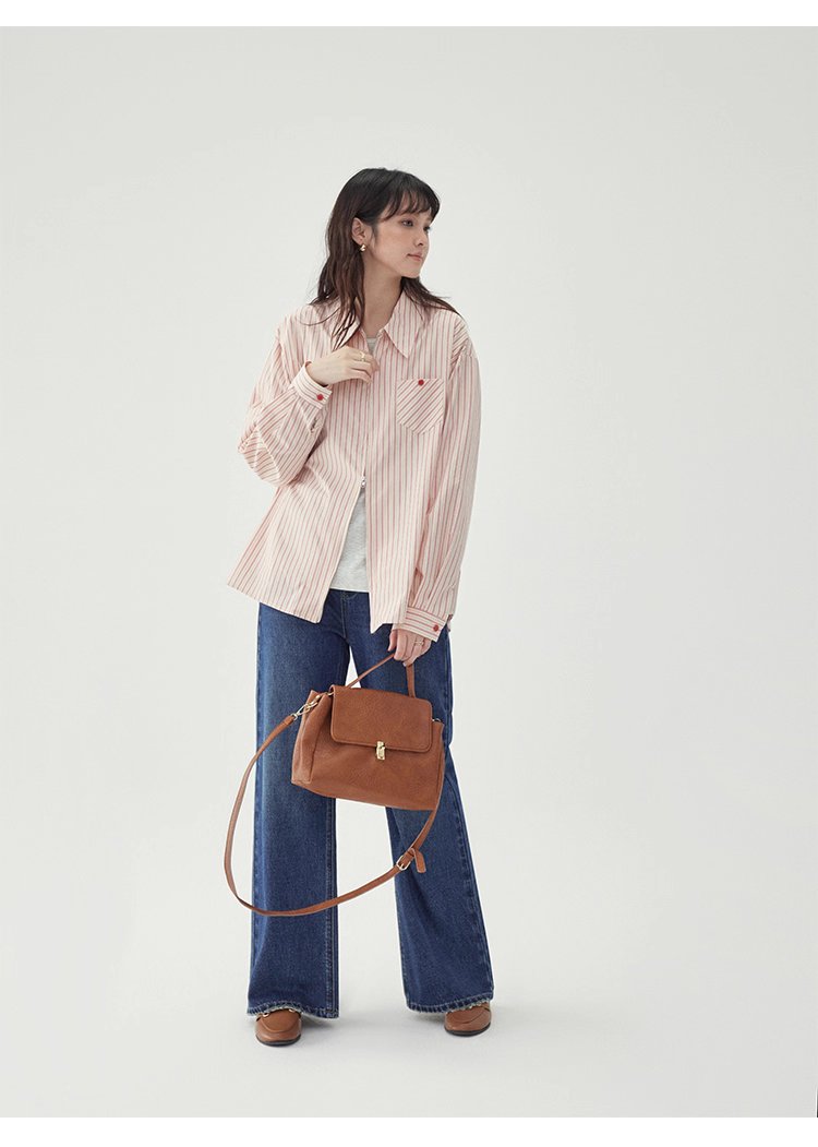 粉紅色圖案雙拉鍊長袖襯衫女秋季新款純棉外套上衣