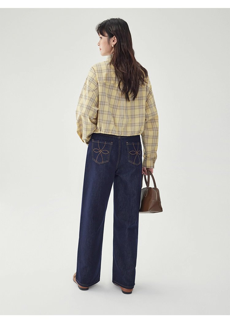 黃格單排扣抽繩下擺襯衫女秋季新款純棉長袖上衣