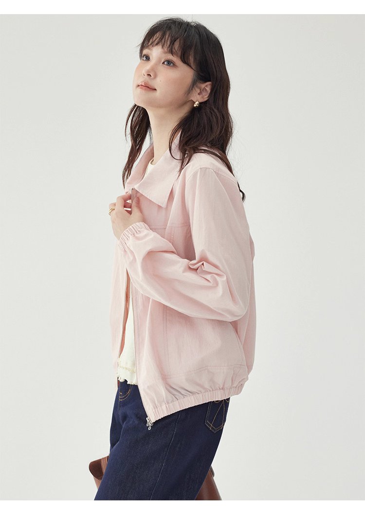 少女感粉紅拉鍊長袖外套女秋季新款翻領短版上衣