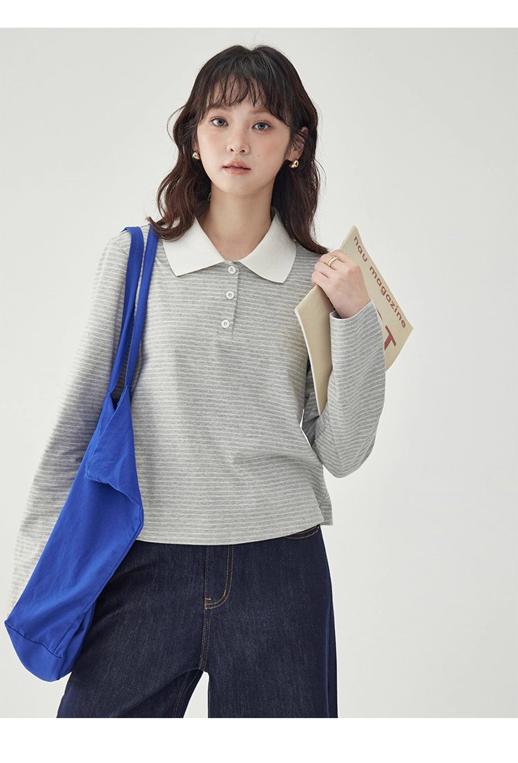 灰色條紋polo半開領t卹女秋季新款寬鬆長袖上衣
