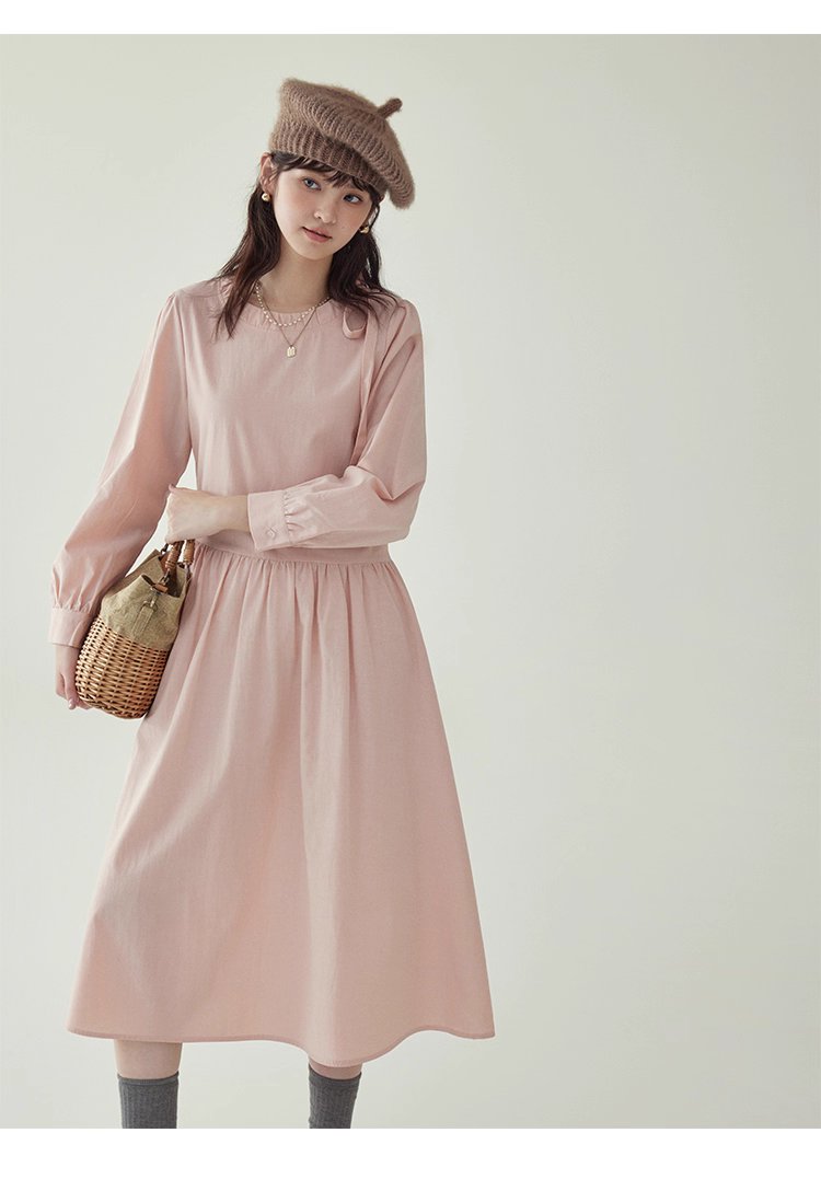 法式繫帶圓領粉紅洋裝女秋新款長袖a字中長裙