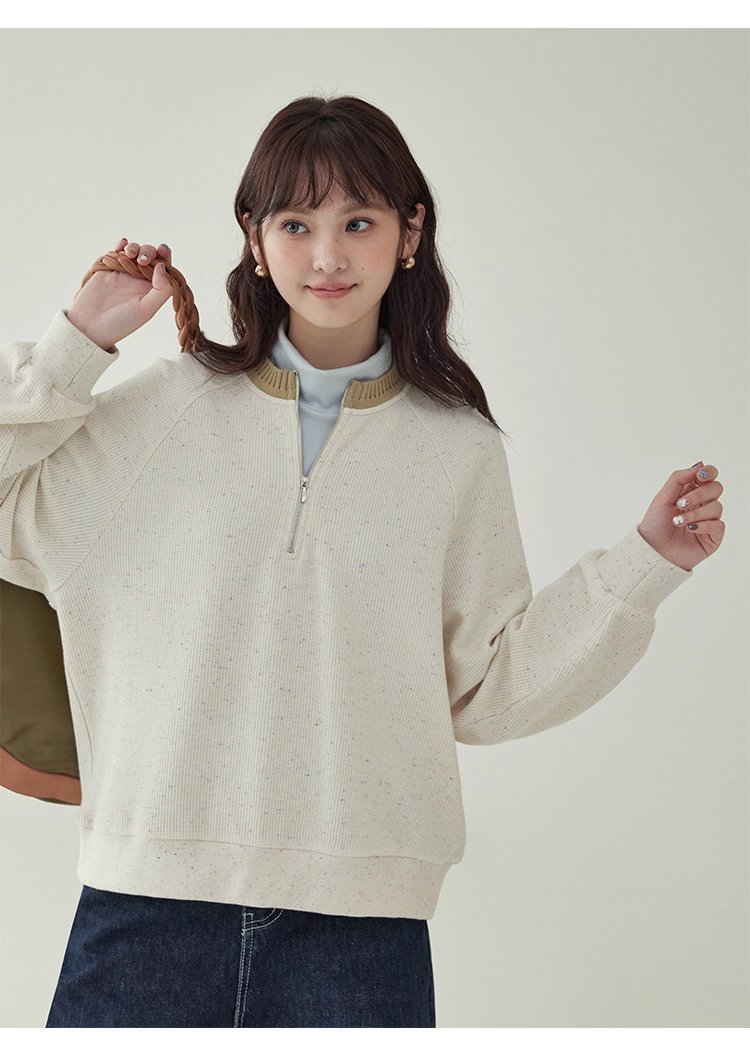 撞色彩點半開拉鍊衛衣T恤女秋季新款插肩袖上衣