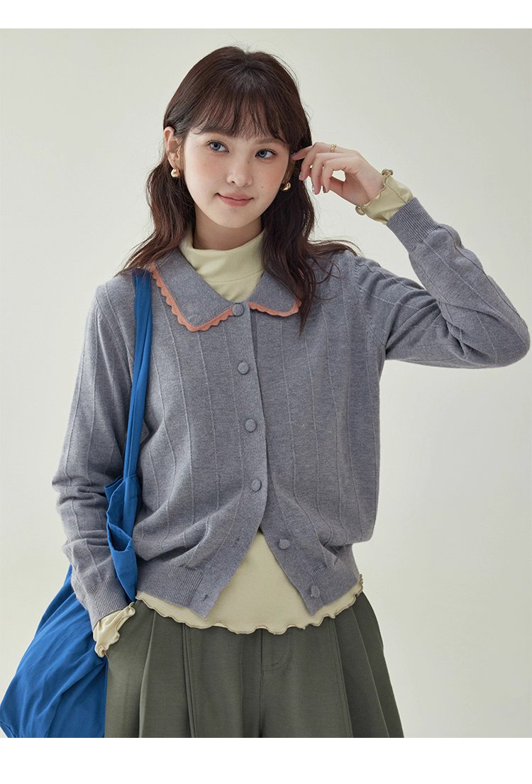 韓系撞色翻領針織開襟衫女秋季新款單排扣長袖上衣