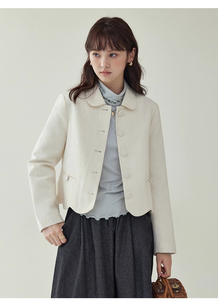 小香風純色單排扣短外套女秋新款波浪擺長袖上衣